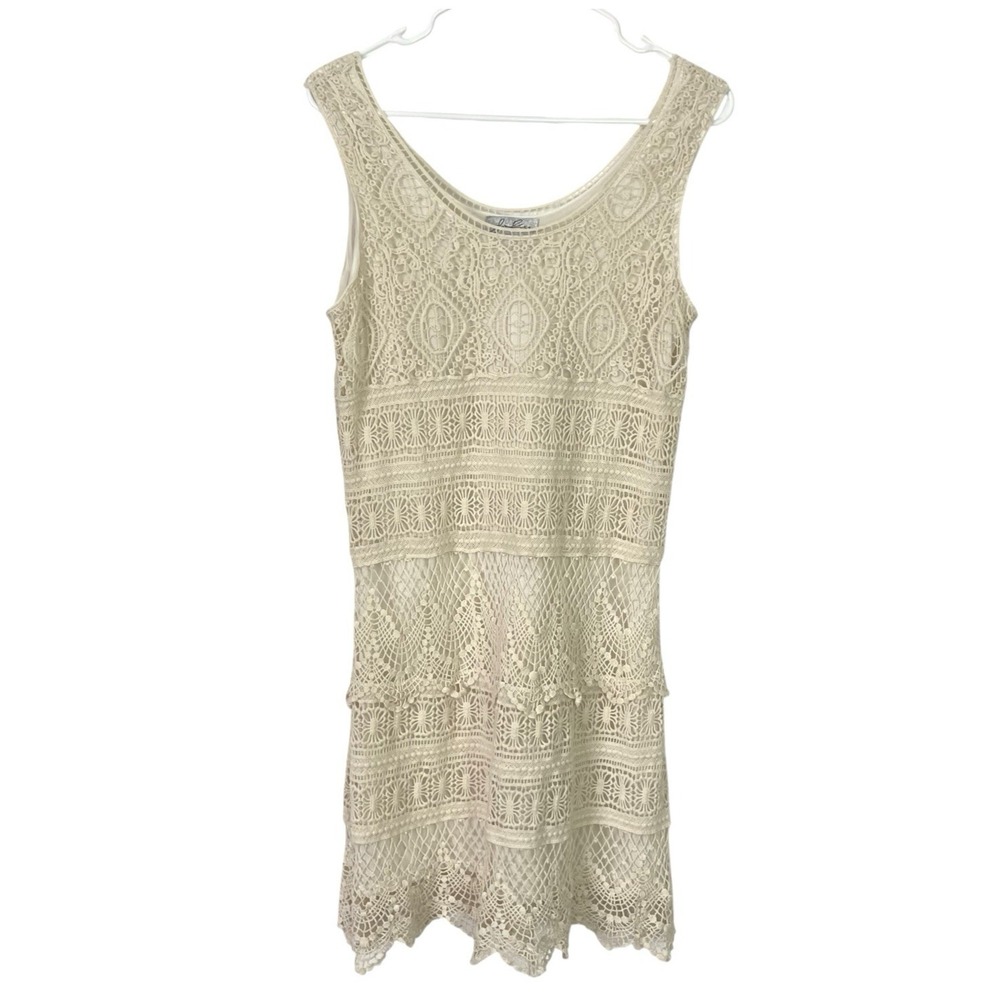 J Gee Womens Crocheted Lace Dress Sz M Ivory Sleeveless Lined Boho Fairy Cottage